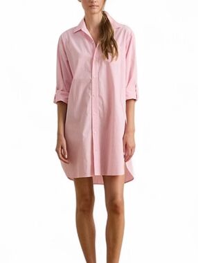 Ralph Lauren Cotton Button Shirt Dress Nightgown Embroidered Pink Stripe Medium